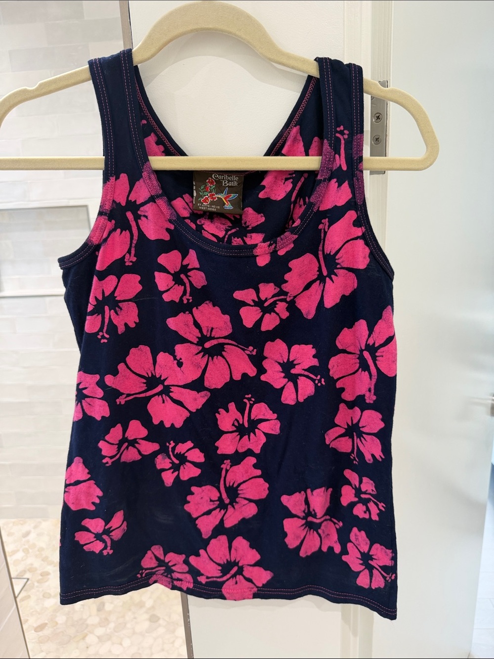 NWOT Batik Hand Screened Pink Floral Print Navy Tank Top